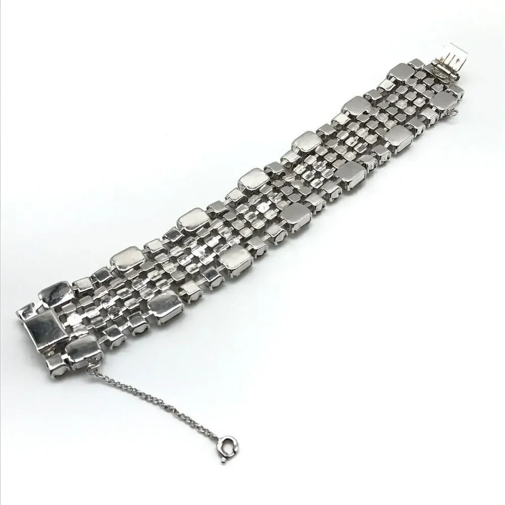 Weiss Signed Vintage Rhinestone Wide Five Row Statement Bracelet W/ Safety Chain